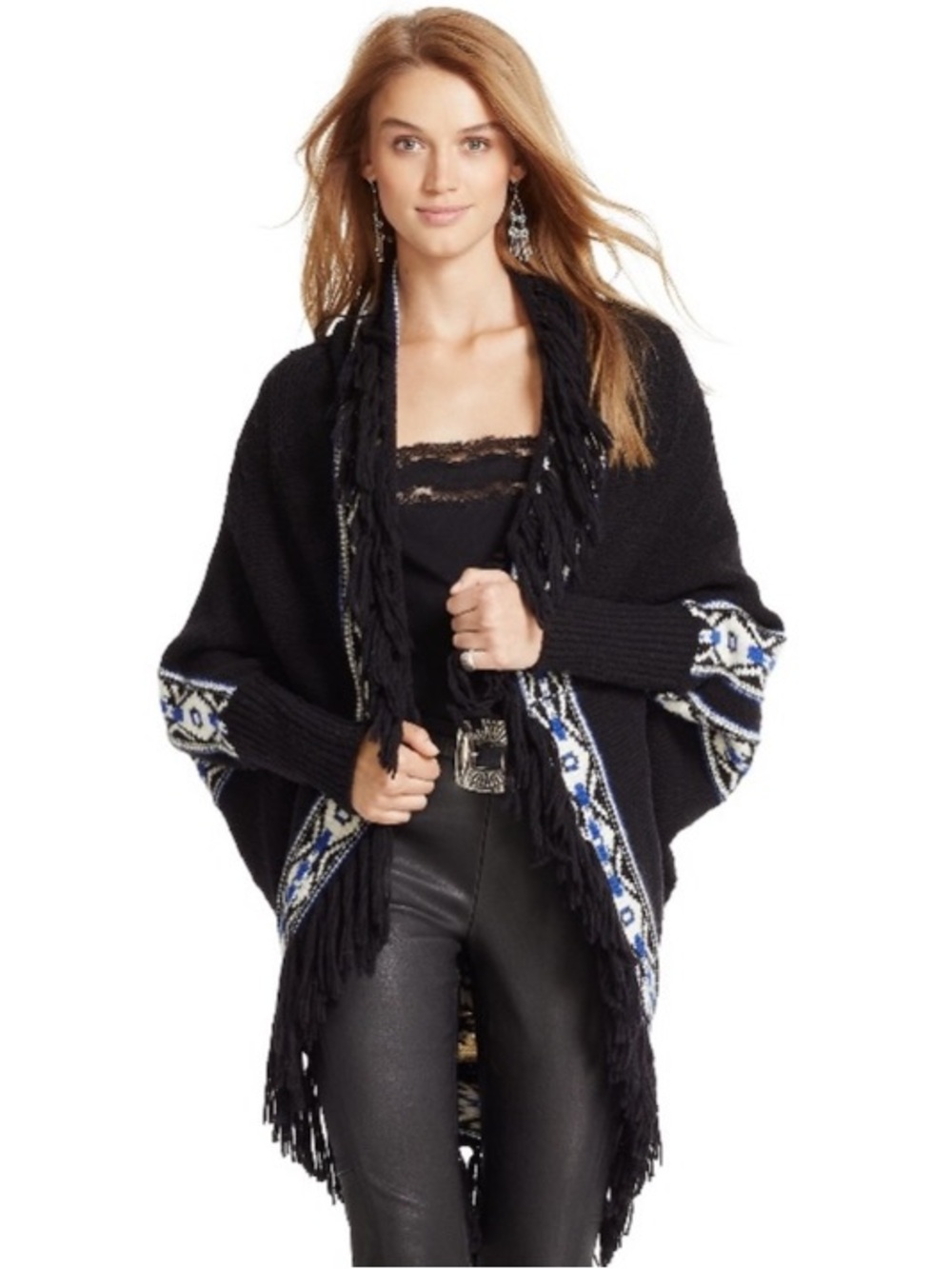 Polo Ralph Lauren Fringed Wool Blend Cardigan XS S oversized